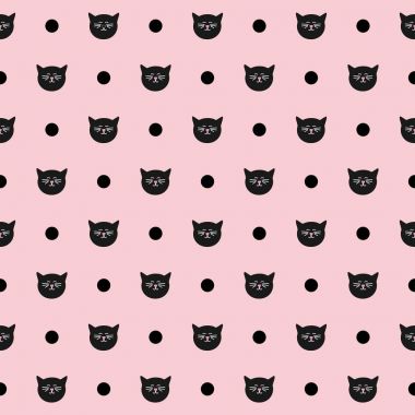 Beyaz kedi ve pembe bir arka plan üzerinde siyah lekeli döşeme vektör deseni