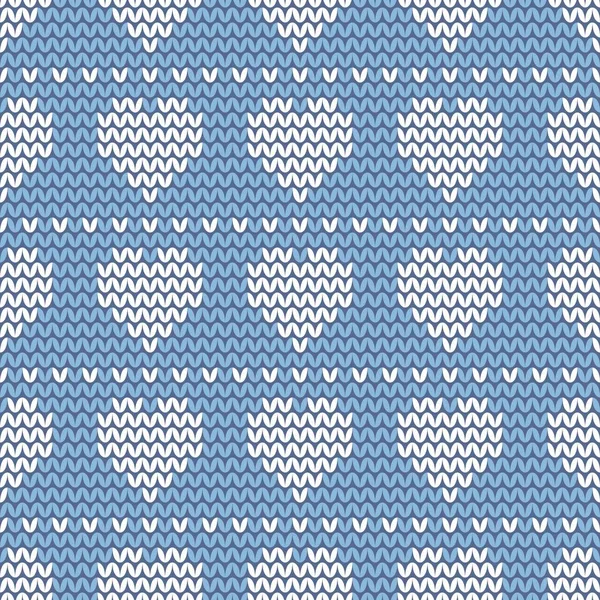 Tile Knitting Vector Pattern White Hearts Blue Background — Stock Vector