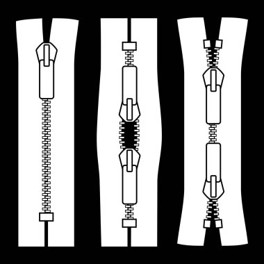 Fermuarcı tipler. Kapalı uçlu tip X ve tip O şema zip vektör çizimi siyah arkaplanda izole edildi.