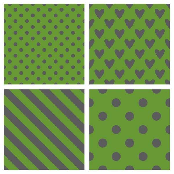 Patrón Vectores Azulejos Con Rayas Verdes Grises Corazones Lunares Chevron — Vector de stock