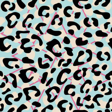 Kusursuz pastel leopar desenli vektör deseni, hayvan pembesi, siyah, beyaz ve nane mavisi kaplama.