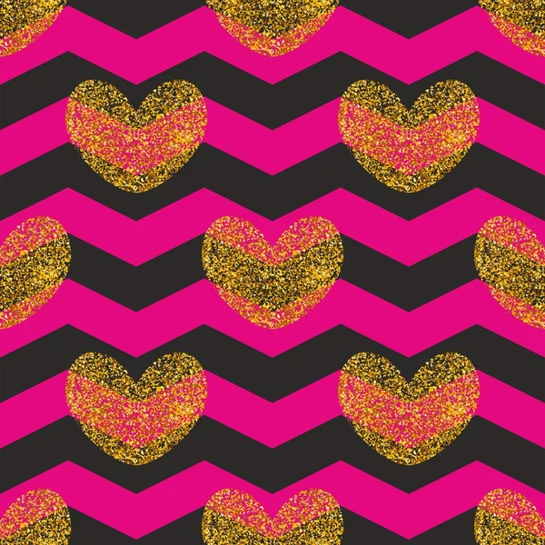 黄金の心と黒とピンクのジグザグ背景とタイルベクトルパターン — ストックベクタ
