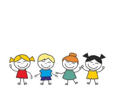 Mutlu çocuklar grubu oynuyor ve eğleniyor. Vektör illüstrasyonu beyaz arkaplanda izole edildi