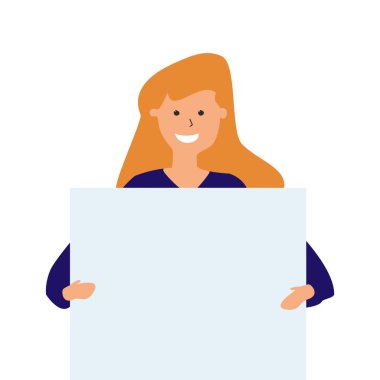 Elinde boş pankart, promosyon, reklam ya da barış protestosu konsepti olan güzel bir genç kadın. Beyaz arkaplanda izole edilmiş vektör illüstrasyonu