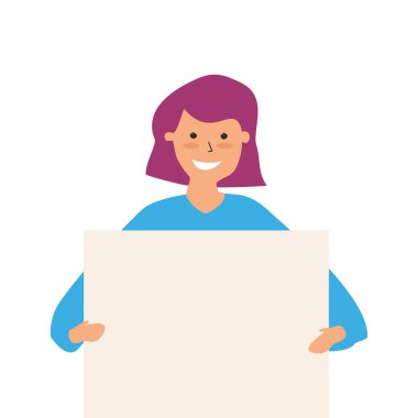 Elinde boş pankart, promosyon, reklam ya da barış protestosu konsepti olan güzel bir genç kadın. Beyaz arkaplanda izole edilmiş vektör illüstrasyonu