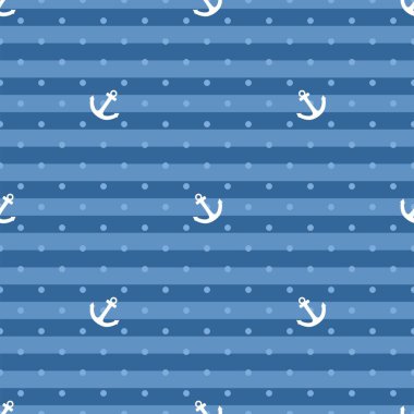 Döşeme denizci vektör deseni ve puantiyeli lacivert çizgili arka plan üzerinde beyaz çapa