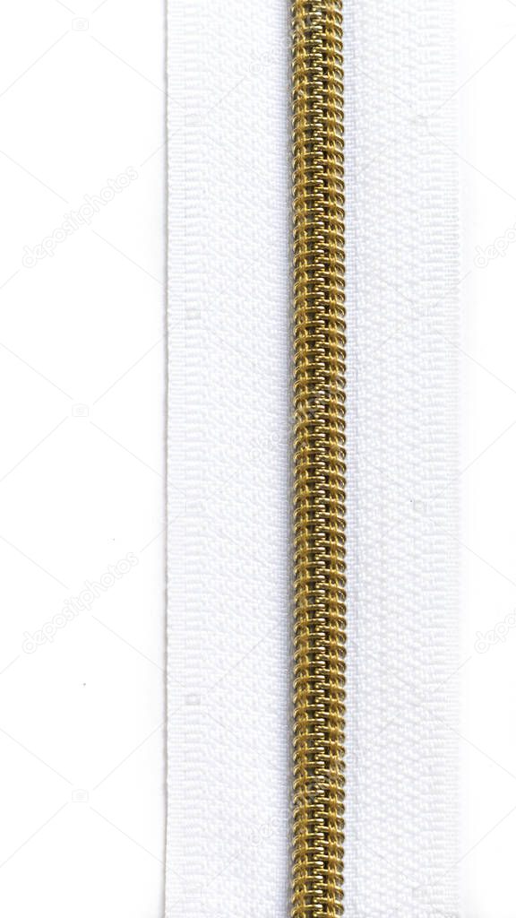White zipper isolated on white background close up banner