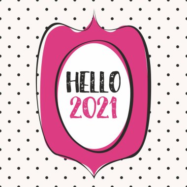 2021 in elle çizilmiş vektör pembe çerçeve tasarım kartı pastel polka arka plan üzerinde