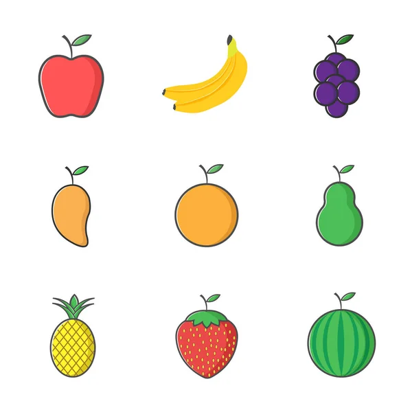 Einfache Illustration Set Fruchtsymbol mit Apfel, Banane, Traube, Mango, Orange, Birne, Ananas, Erdbeere und Wassermelone flache Designpackung — Stockvektor