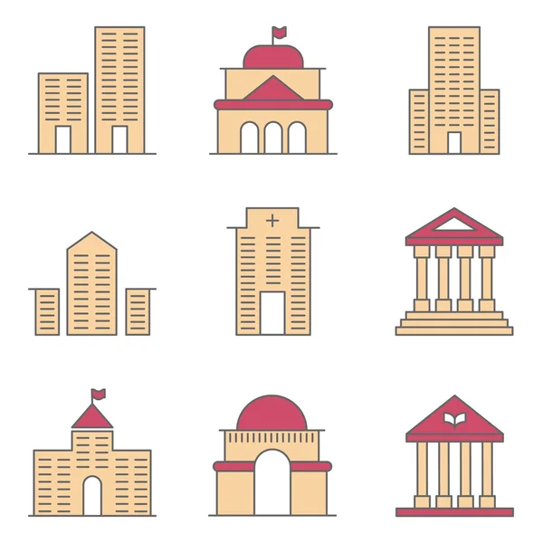 Paquete de iconos de negocio de línea de construcción de bienes raíces con diseño plano de apartamento, oficina, banco, hospital, hotel y vector de gobierno — Vector de stock