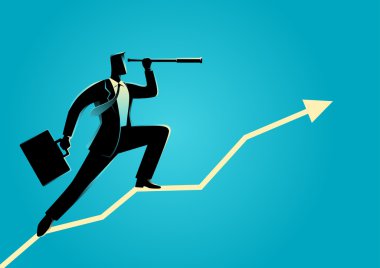 Grafik grafik üzerinde teleskop kullanarak iş adamı