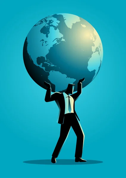 Businessman carrying globe on his shoulder — Stock Vector