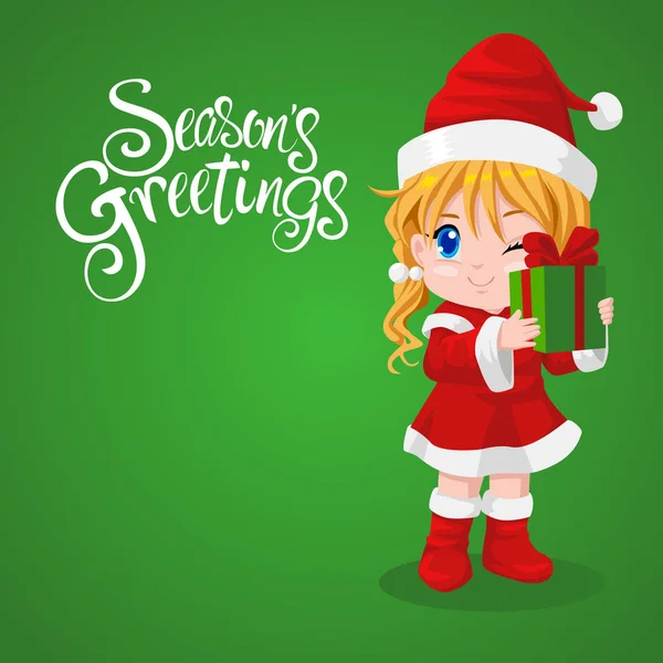 Santa fille tenant boîte cadeau — Image vectorielle