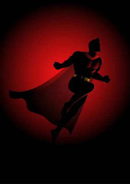 劇的な赤の背景に飛んでいるスーパー ヒーロー — ストックベクタ