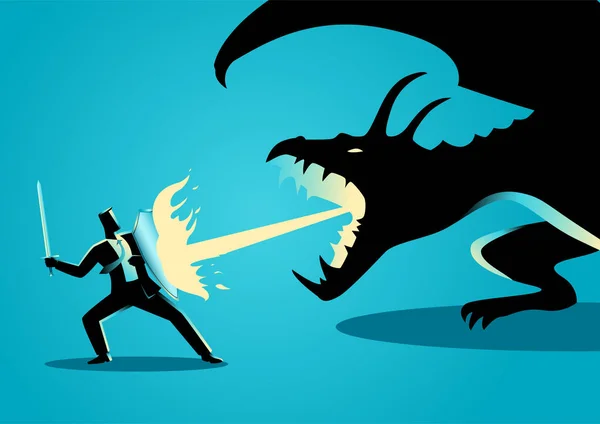 Empresario luchando contra un dragón — Vector de stock