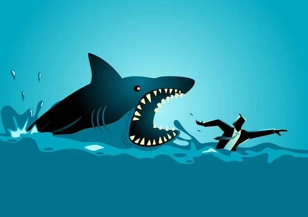 Empresario nadando asustado evitando ataques de tiburones — Vector de stock