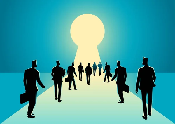 Hommes d'affaires marchant dans un trou de serrure avec une lumière vive — Image vectorielle