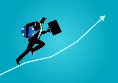 Taşıma çantası ve mavi çip çalıştıran iş adamı