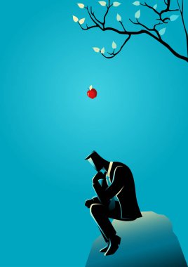 Apple falling dawn to the head of a thinking businessman clipart