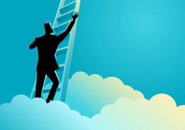 Bulutların üstünde bir merdiven tırmanma işadamı