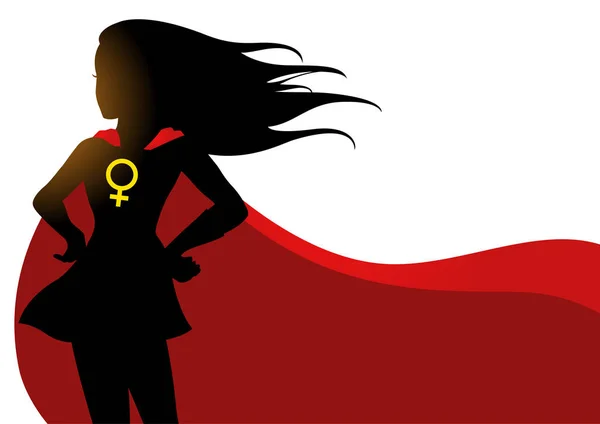 Superheroína en capa roja con símbolo femenino — Vector de stock