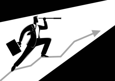 Grafik grafik üzerinde teleskop kullanarak iş adamı