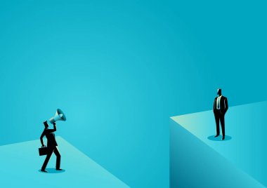 İş adamı megafonla başka bir işadamına bağırıyor.