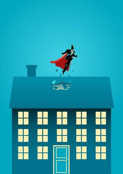 Biznesmen superhero latanie przez dach — Wektor stockowy
