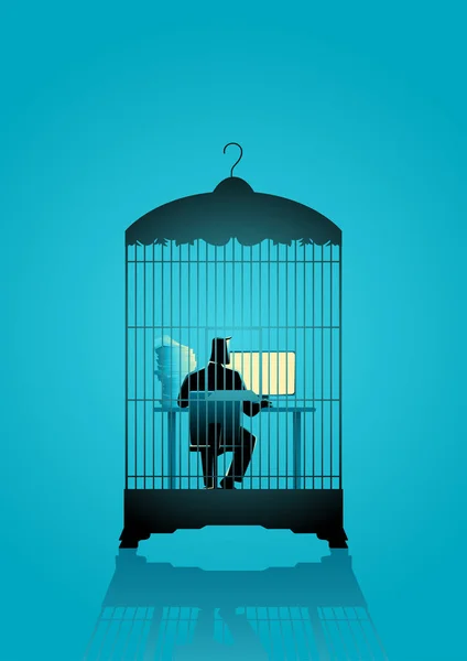 Homme d'affaires travaillant sur ordinateur dans la cage à oiseaux — Image vectorielle