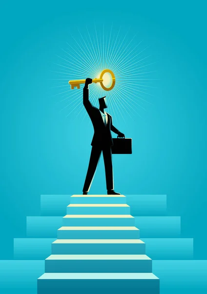 Podnikatel, držící Zlatý klíč na vrcholu schodiště — Stockový vektor