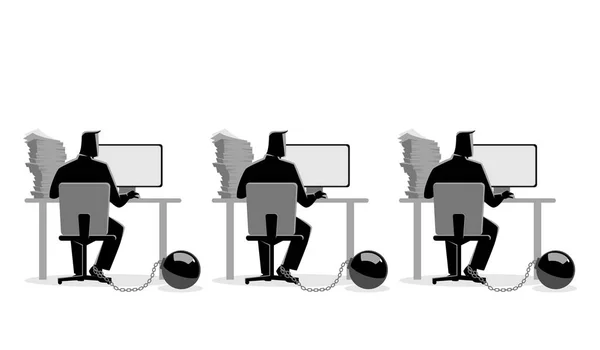 Des hommes d'affaires travaillant sur des ordinateurs enchaînés dans une boule de fer — Image vectorielle
