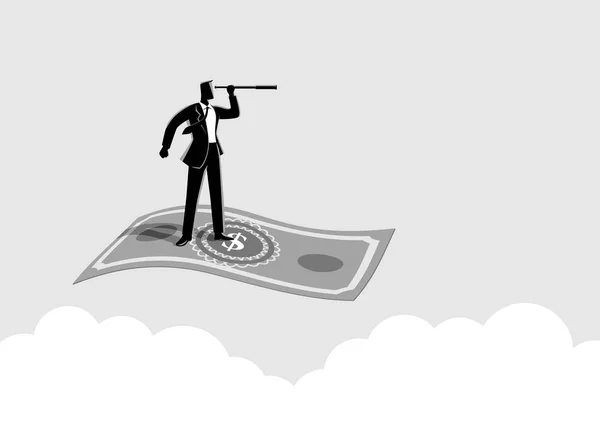 Бизнесмен с телескопом летит на банкноте — стоковый вектор