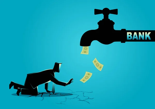 Uitgeput zakenman naderen van een stroom van de kraan water met bankbiljetten — Stockvector