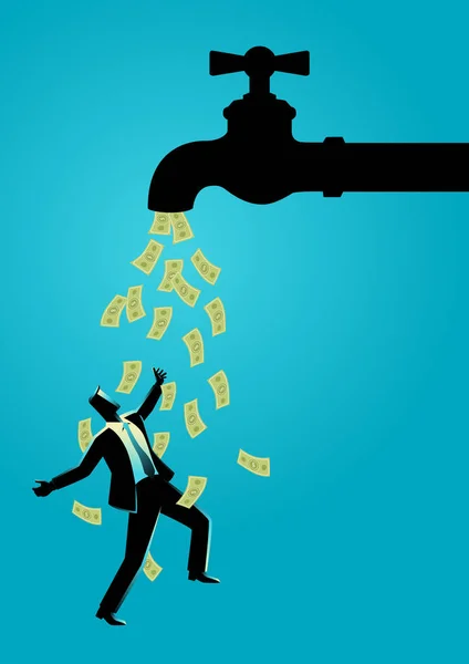 Homme d'affaires debout sous le robinet d'eau coule avec des billets de banque — Image vectorielle