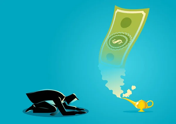 Homme d'affaires adorant l'argent qui apparaît de la lampe magique — Image vectorielle