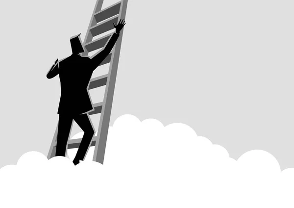 Empresario subiendo una escalera sobre las nubes — Vector de stock