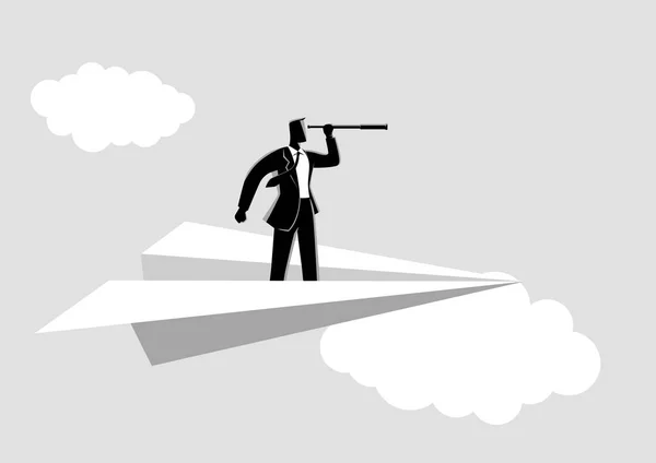 Homme d'affaires utilisant le télescope sur avion de papier — Image vectorielle