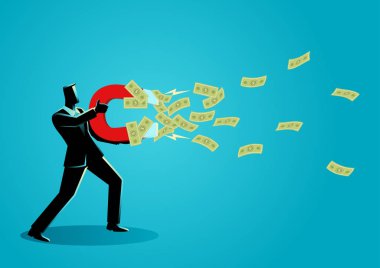 İş adamı büyük bir mıknatıs kullanarak para çekiyor