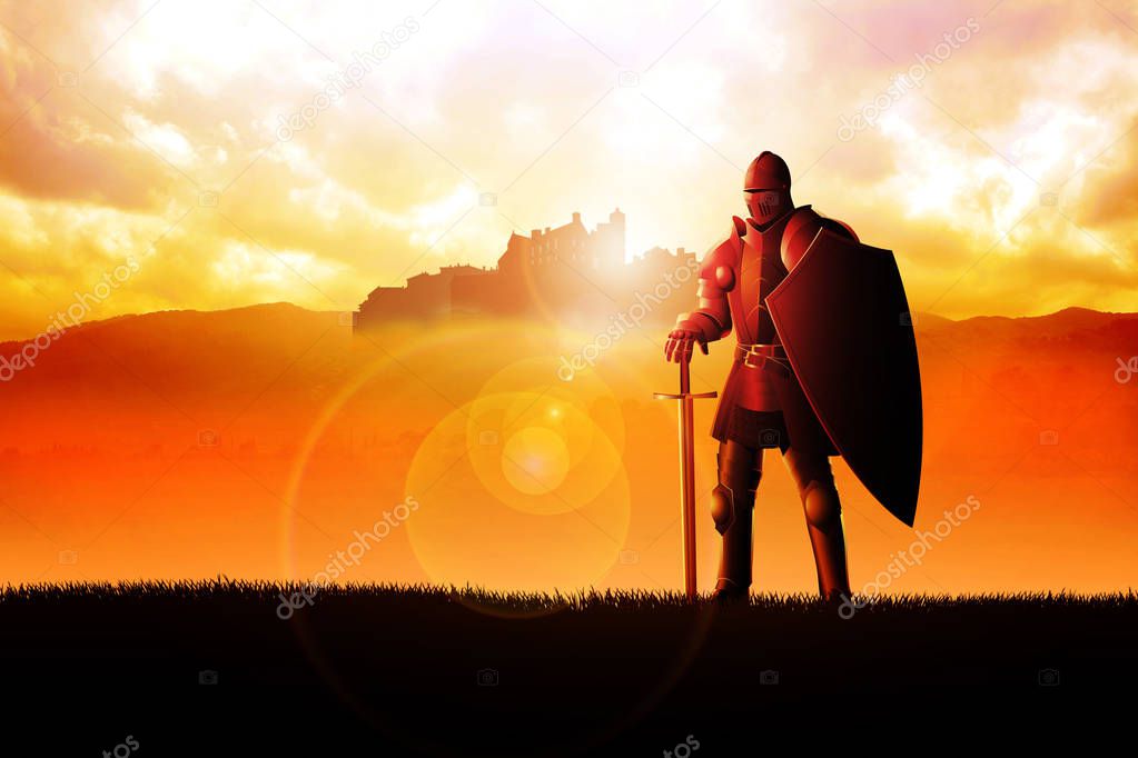 A knight standing on grass field