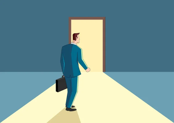 Empresário caminhando em direção a uma porta brilhante — Vetor de Stock