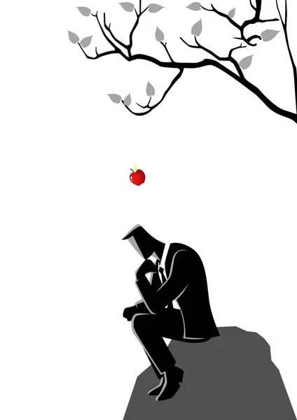 思考のビジネスマンの頭にリンゴ落下夜明け — ストックベクタ