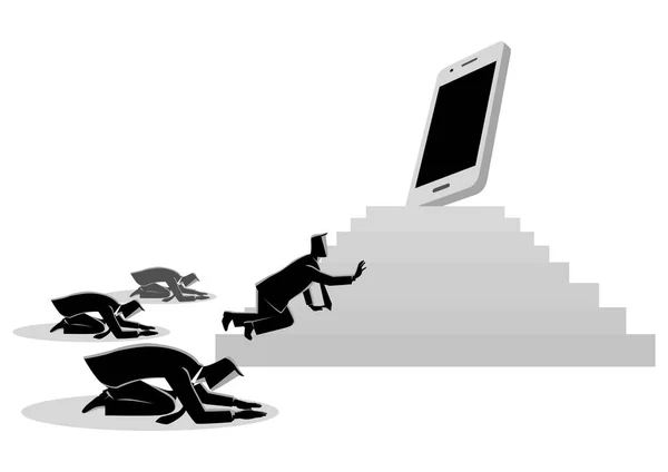 Konzeptillustration von Männern, die ein Gadget oder Smartphone anbeten — Stockillustration Männer, die ein Gadget oder Smartphone verehren — Stockvektor