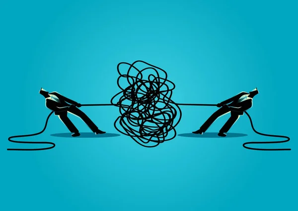 Бизнесмены, пытающиеся распутать запутанную веревку или кабель — стоковый вектор
