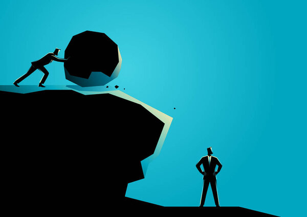 Businessman trying to eliminate other businessman with big rock