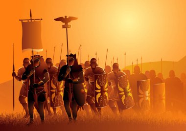 Ancient Rome legionary march in the grass field clipart