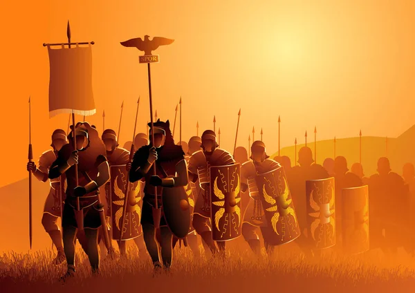 Ancient Rome legionary march in the grass field — Stock Vector