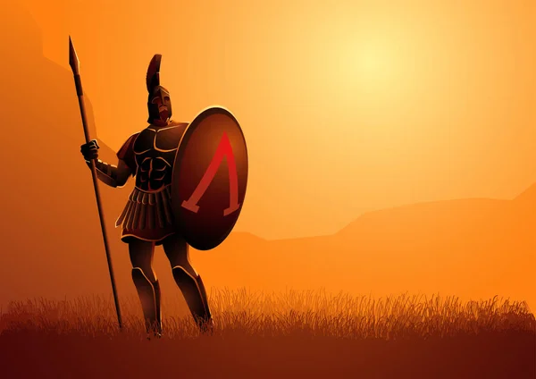 Starověký válečník se svým štítem a oštěpem stojí galantně na — Stockový vektor