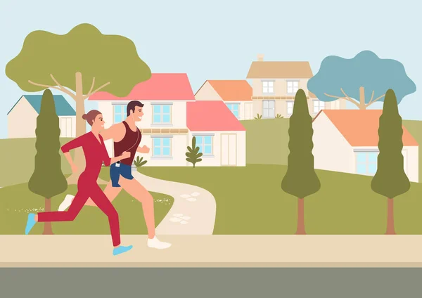 Par jogga och springa utomhus i grannskapet — Stock vektor