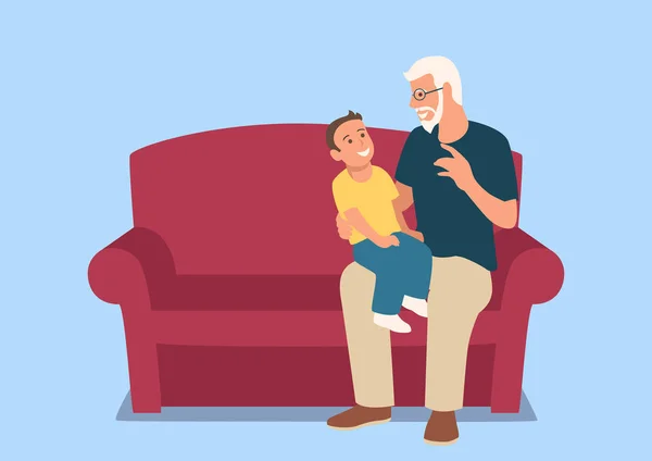 Grandfather and his grandson sitting on the sofa — Stock Vector