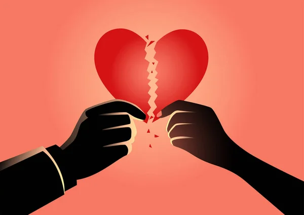 Homme et femme mains tenant le symbole du cœur brisé — Image vectorielle